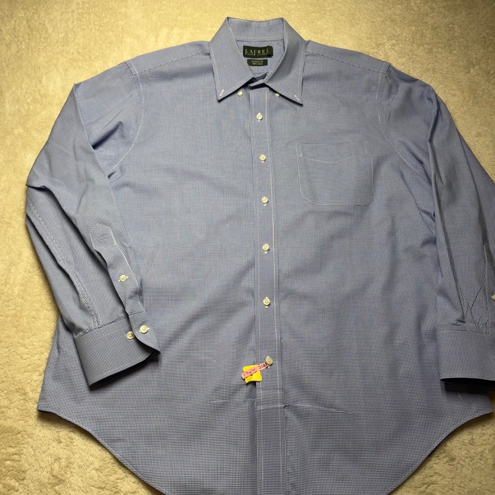 Ralph Lauren Mens Gingham Button Down Shirt Blue White Size 16 1/2 Non Iron